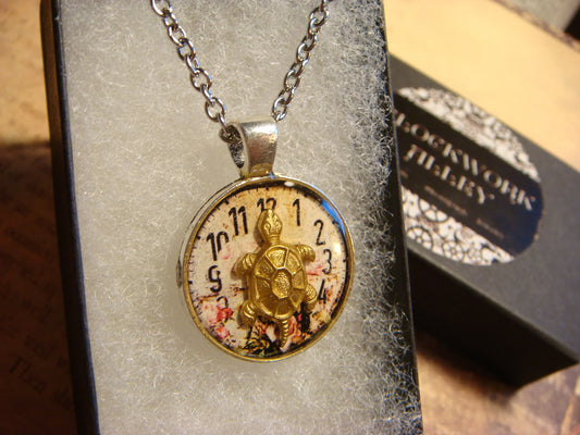 Turtle over Floral Clock Small Pendant Necklace