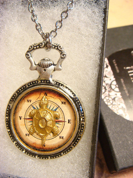 Turtle over Compass Pocket Watch Pendant Necklace