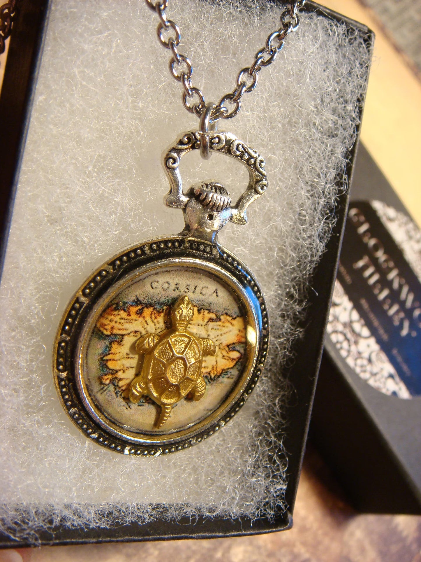 Turtle over Map Pocket Watch Pendant Necklace