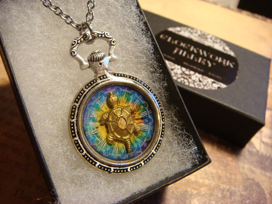 Turtle over Colorful Clock Pocket Watch Pendant Necklace
