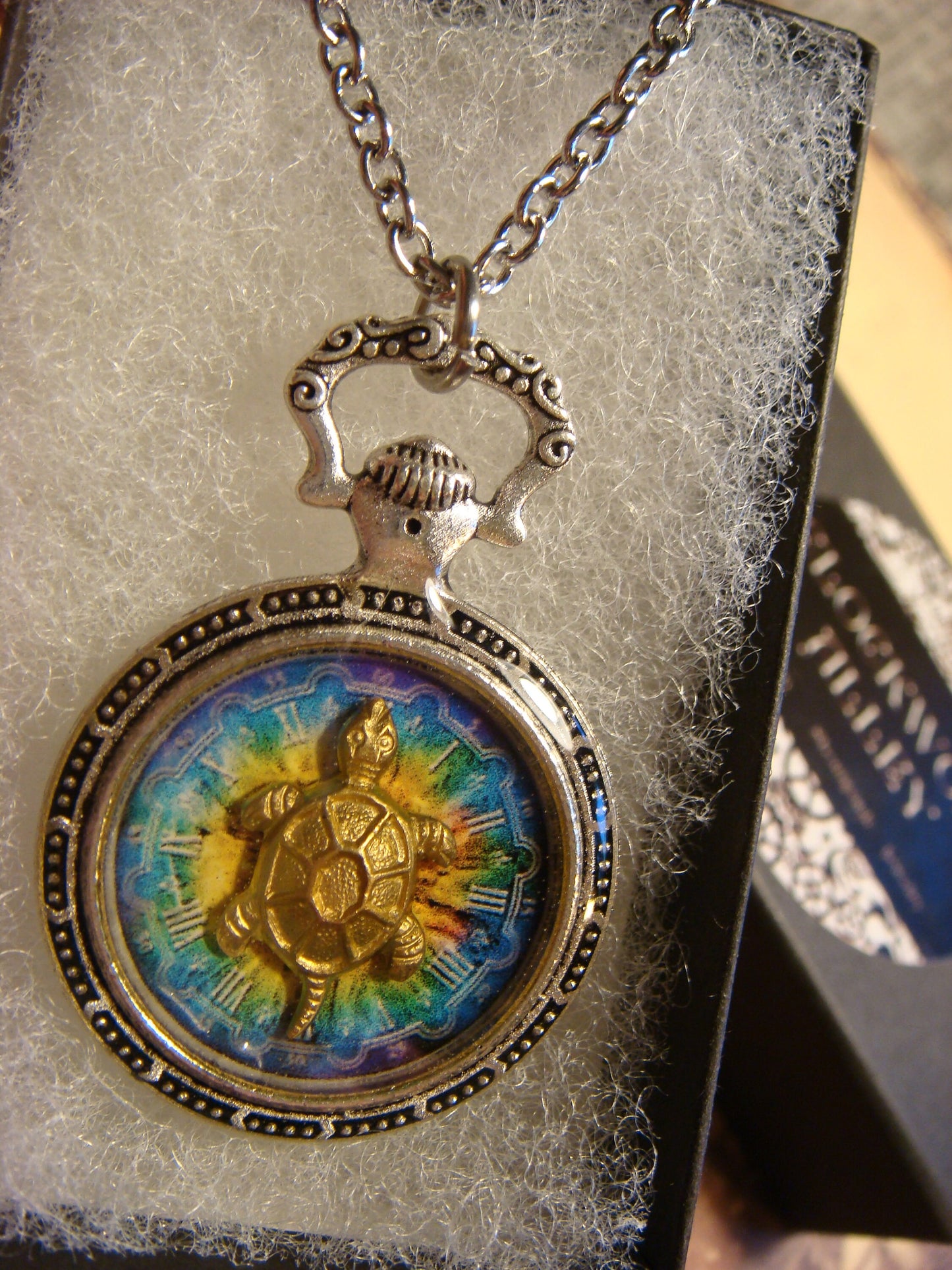 Turtle over Colorful Clock Pocket Watch Pendant Necklace