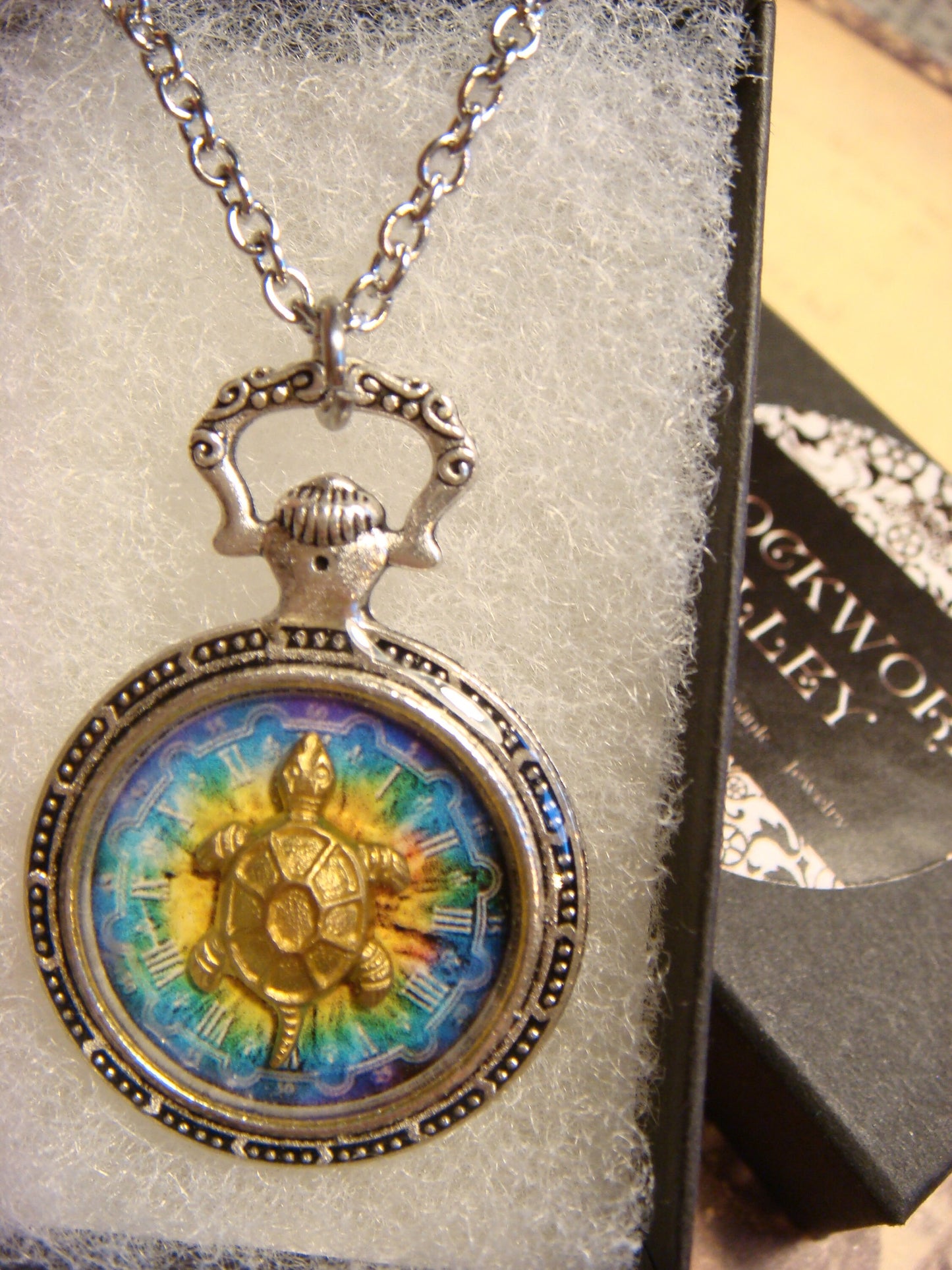 Turtle over Colorful Clock Pocket Watch Pendant Necklace