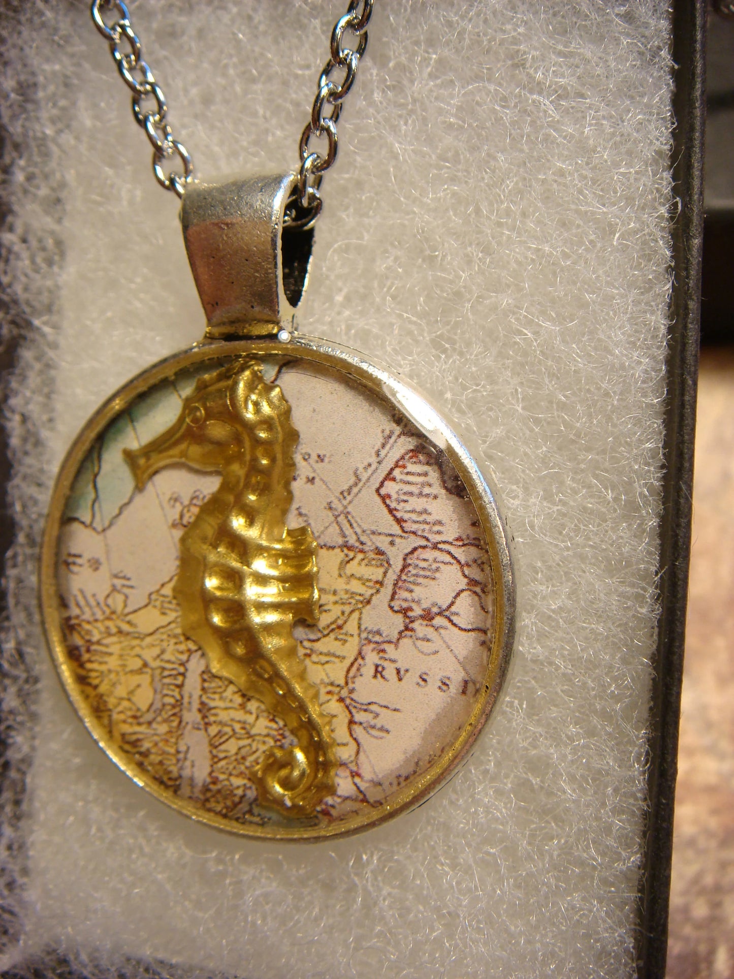 Seahorse over Map Pendant Necklace