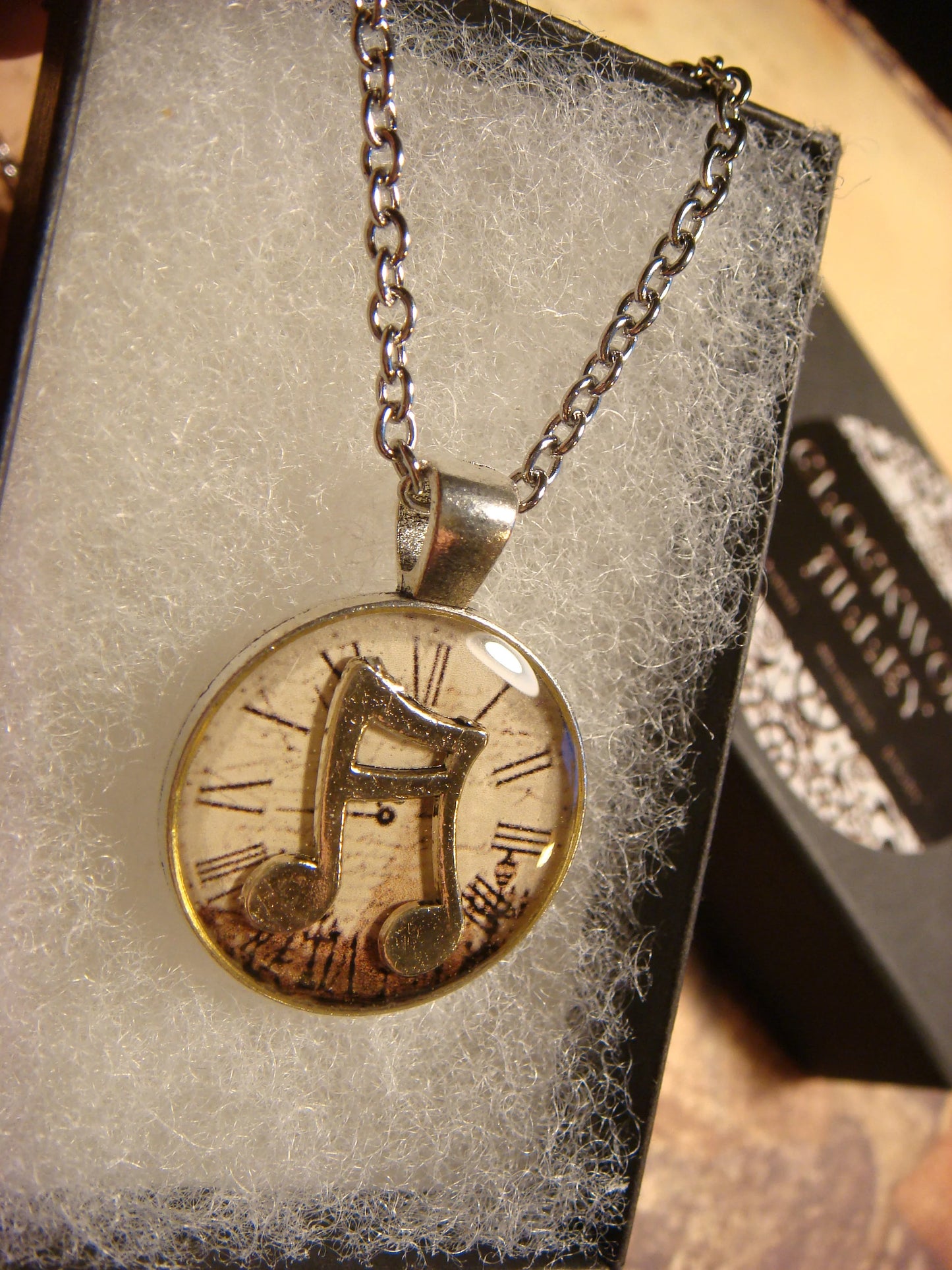 Music Notes over Victorian Clock Small Pendant Necklace