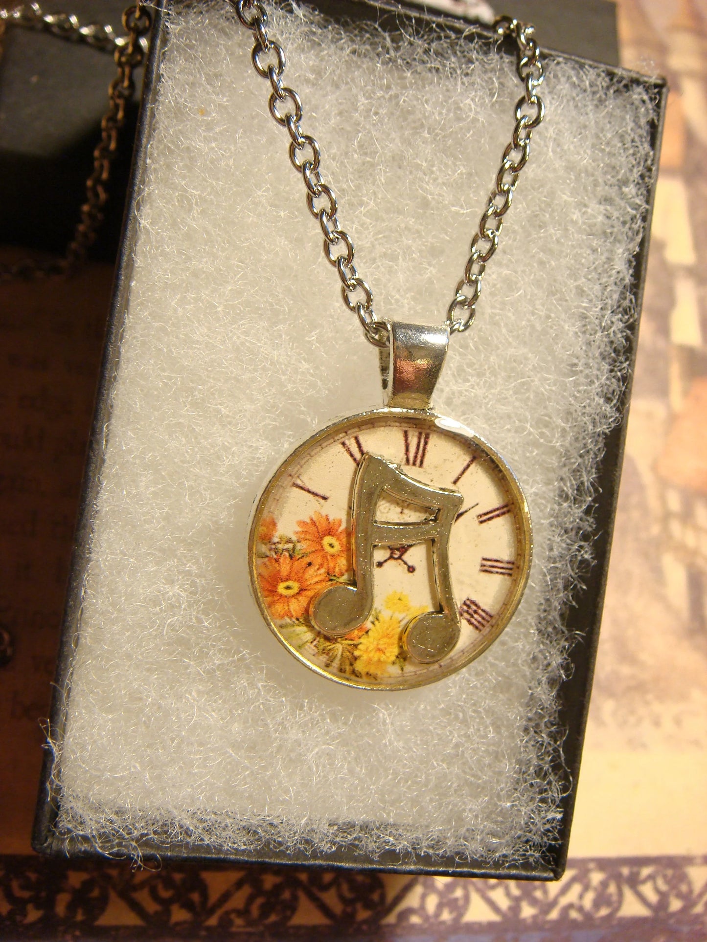 Music Notes over Floral Clock Small Pendant Necklace