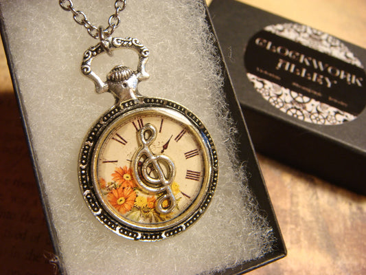 Treble Clef over Floral Clock Pocket Watch Pendant Necklace