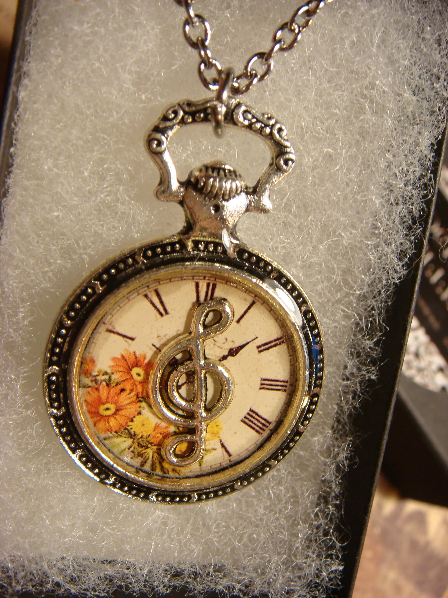 Treble Clef over Floral Clock Pocket Watch Pendant Necklace
