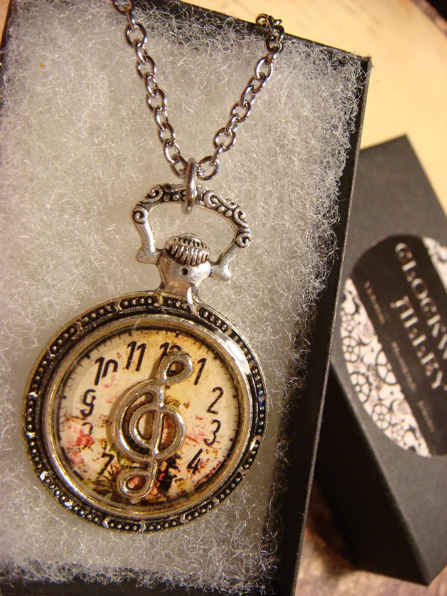 Treble Clef over Floral Clock Pocket Watch Pendant Necklace
