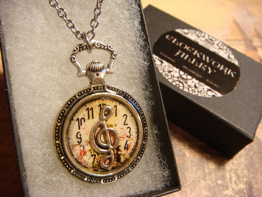 Treble Clef over Floral Clock Pocket Watch Pendant Necklace