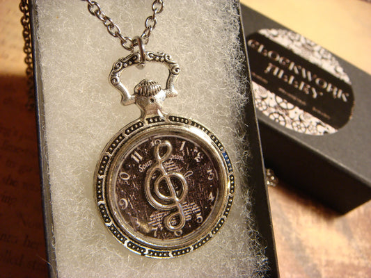 Treble Clef over Clock Pocket Watch Pendant Necklace