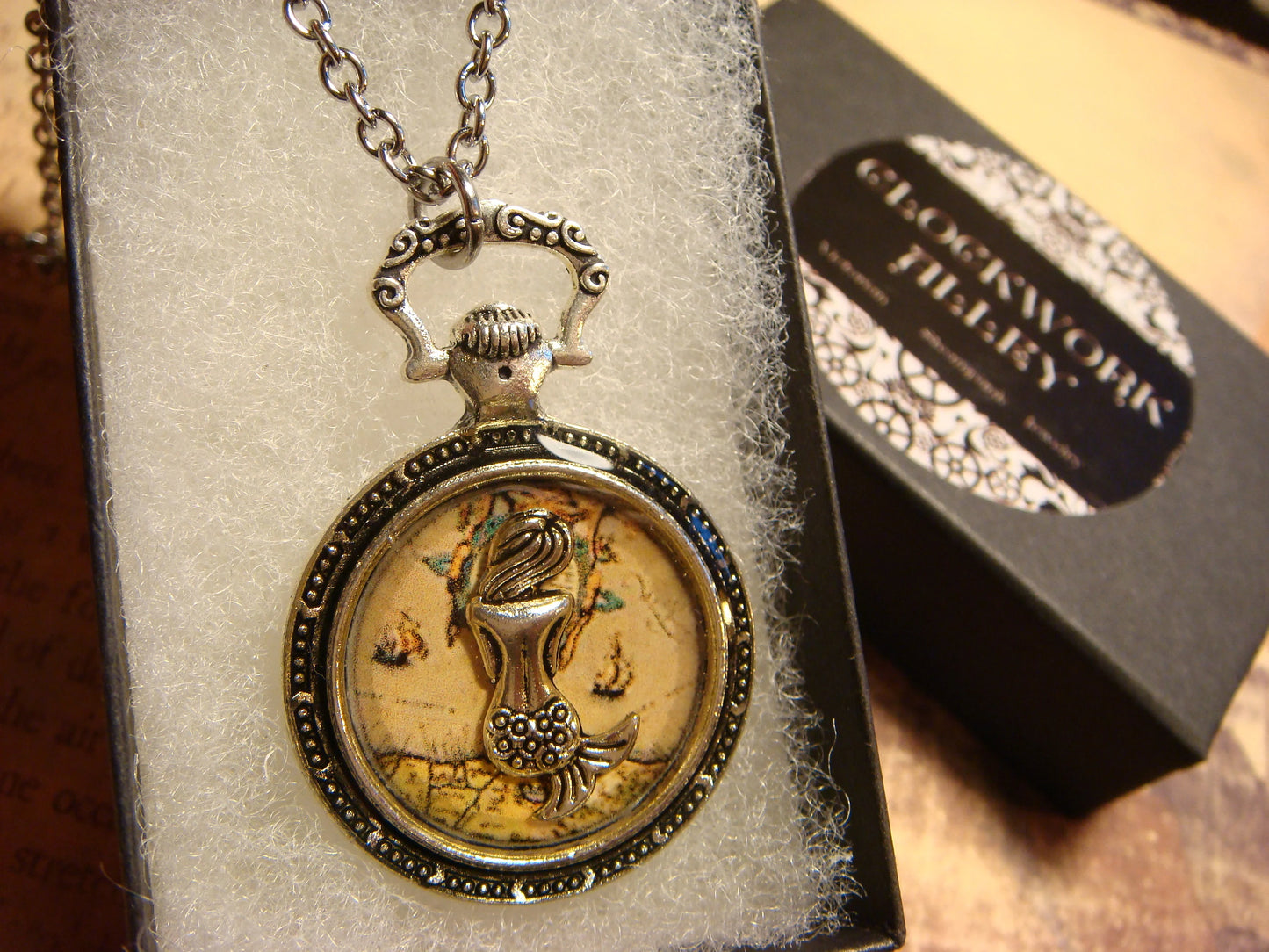 Mermaid over Map Pocket Watch Pendant Necklace