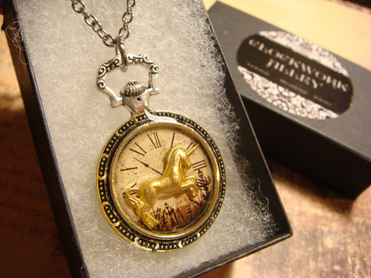 Unicorn over Victorian Clock Pocket Watch Pendant Necklace