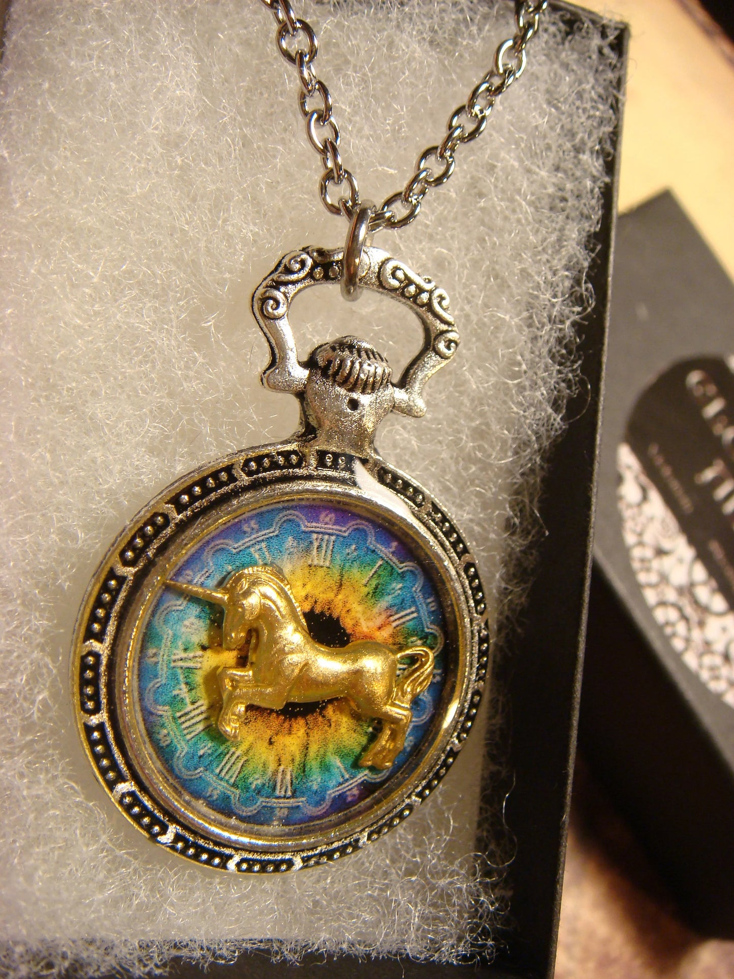 Unicorn over Colorful Clock Pocket Watch Pendant Necklace