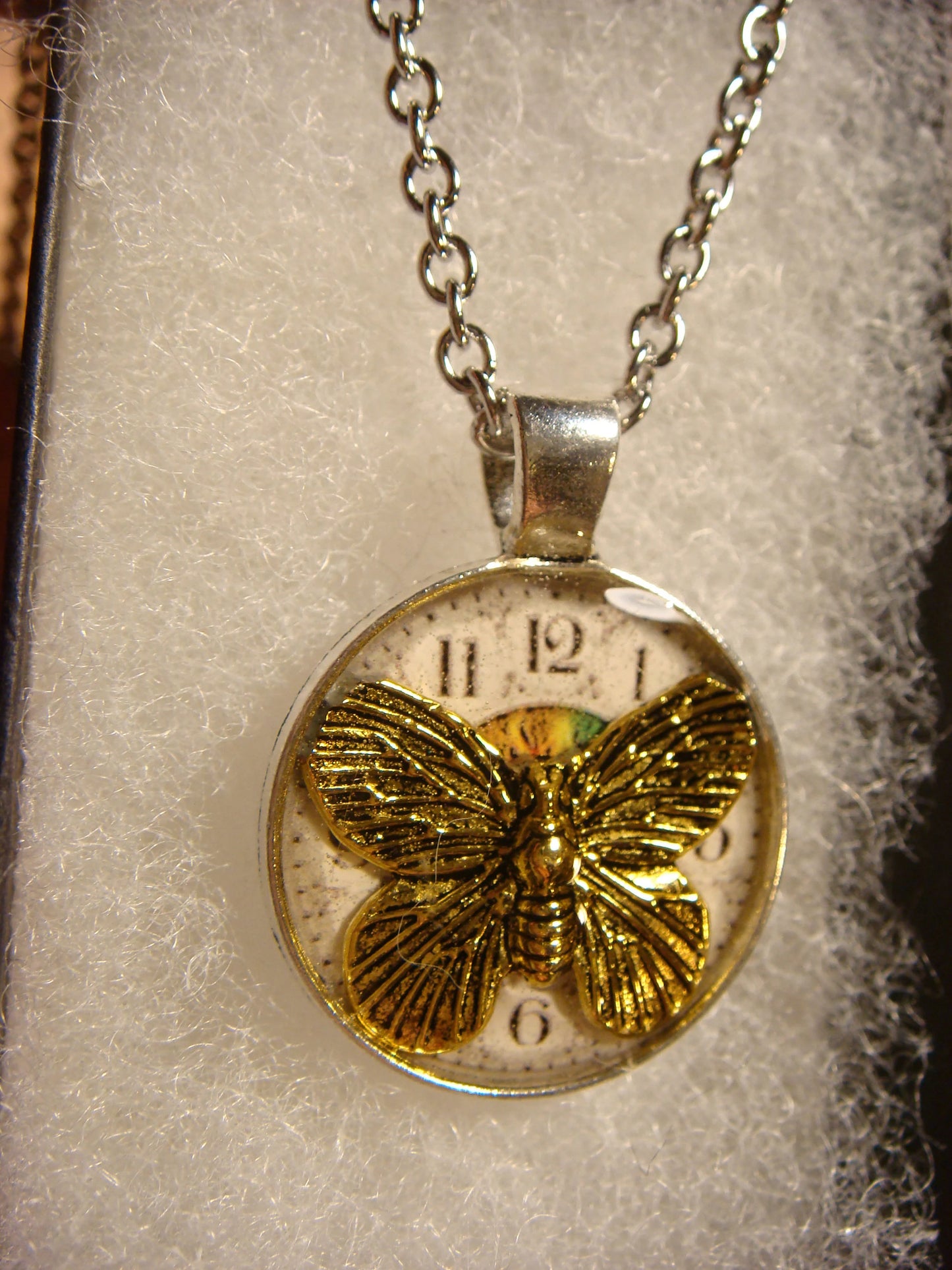 Butterfly over Clock Small Pendant Necklace