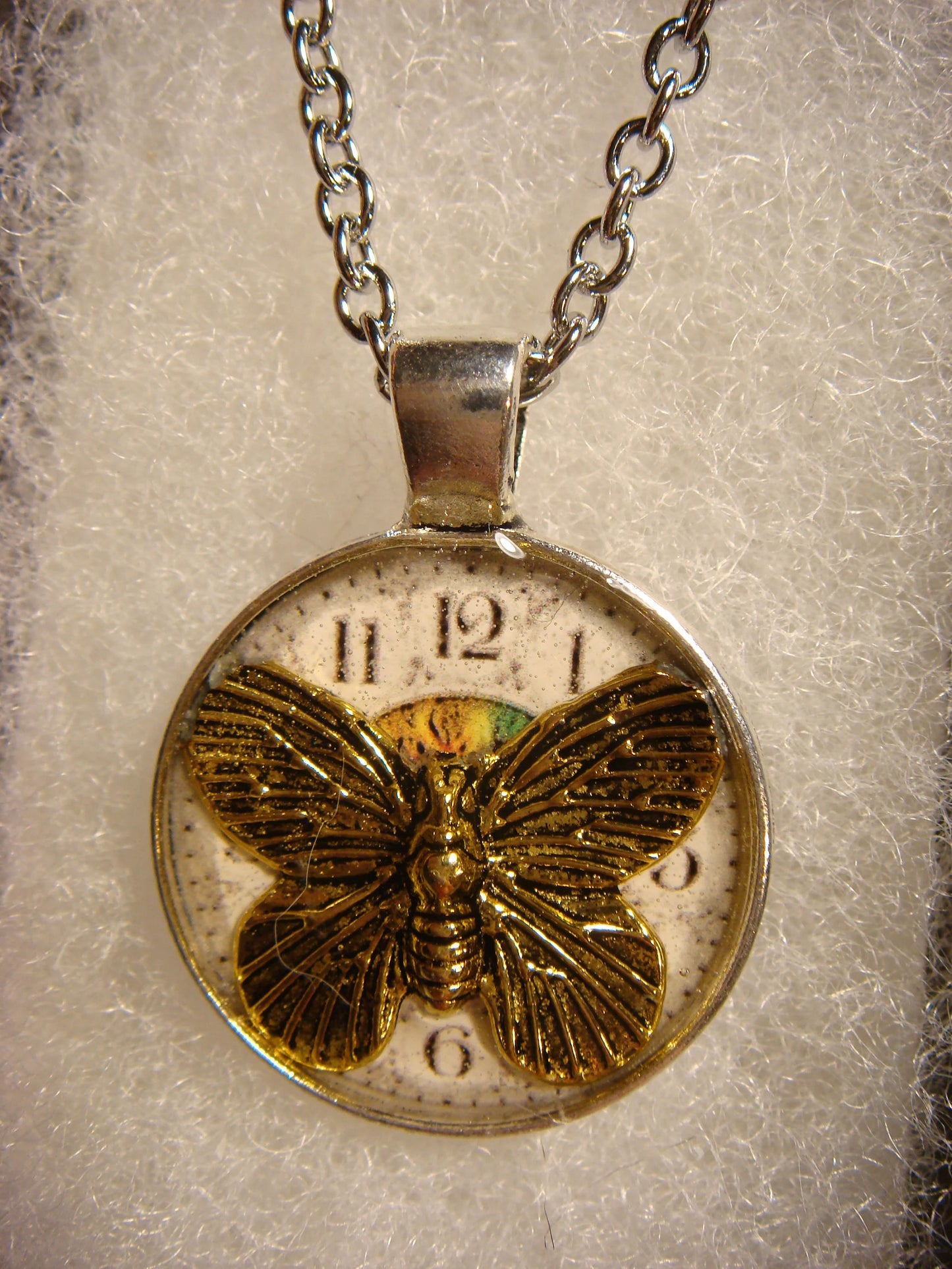 Butterfly over Clock Small Pendant Necklace