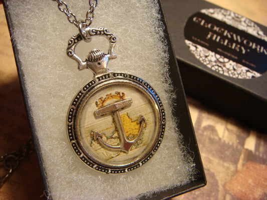 Anchor over Map Pocket Watch Pendant Necklace