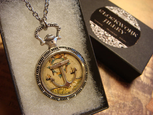 Anchor over Map Pocket Watch Pendant Necklace