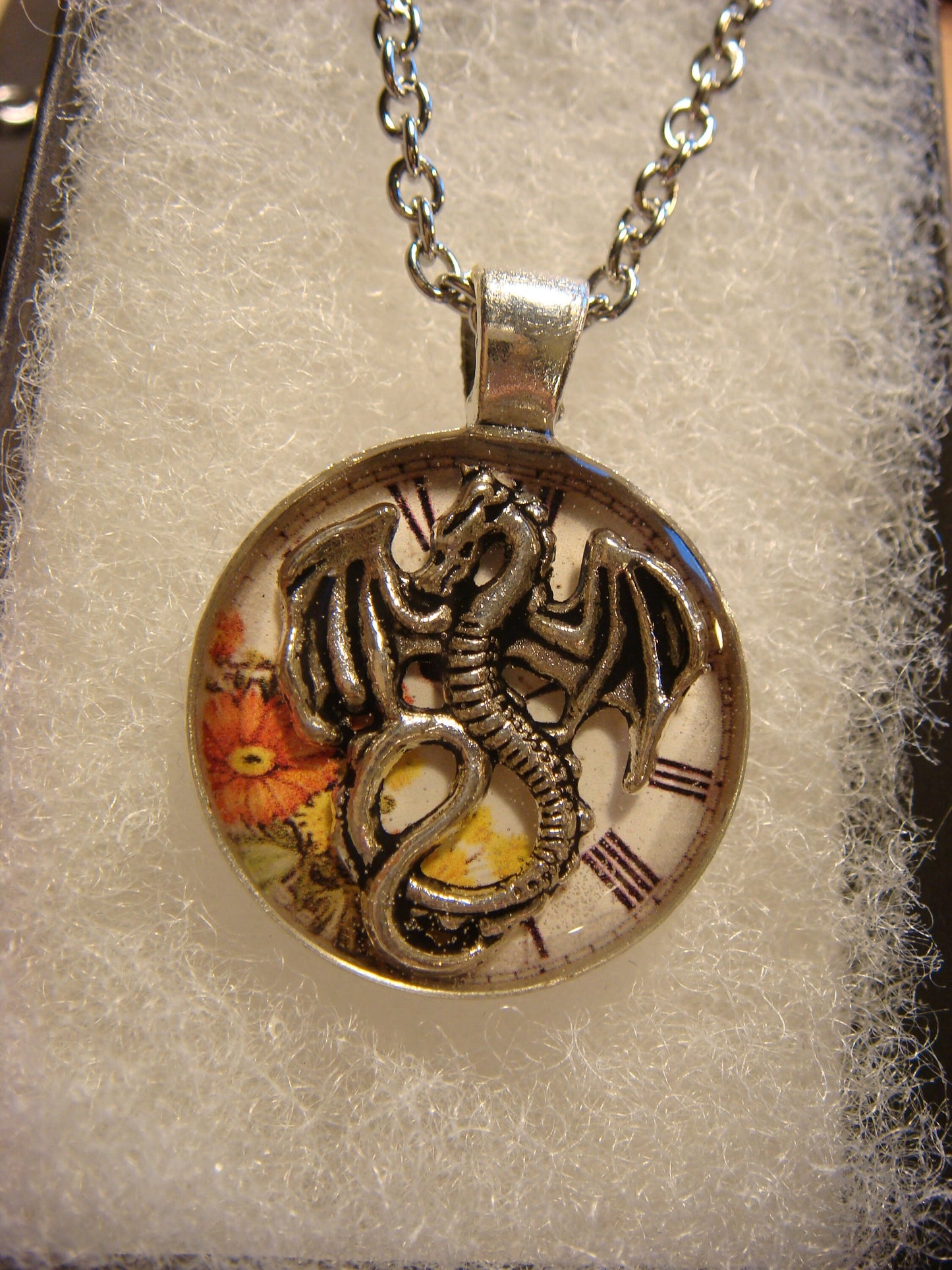 Dragon over Floral Clock Small Pendant Necklace
