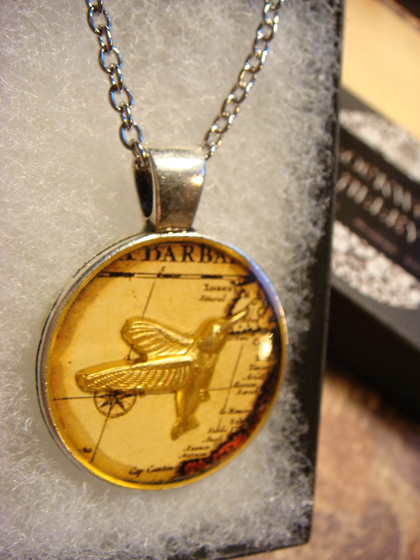 Hummingbird over Map Pendant Necklace