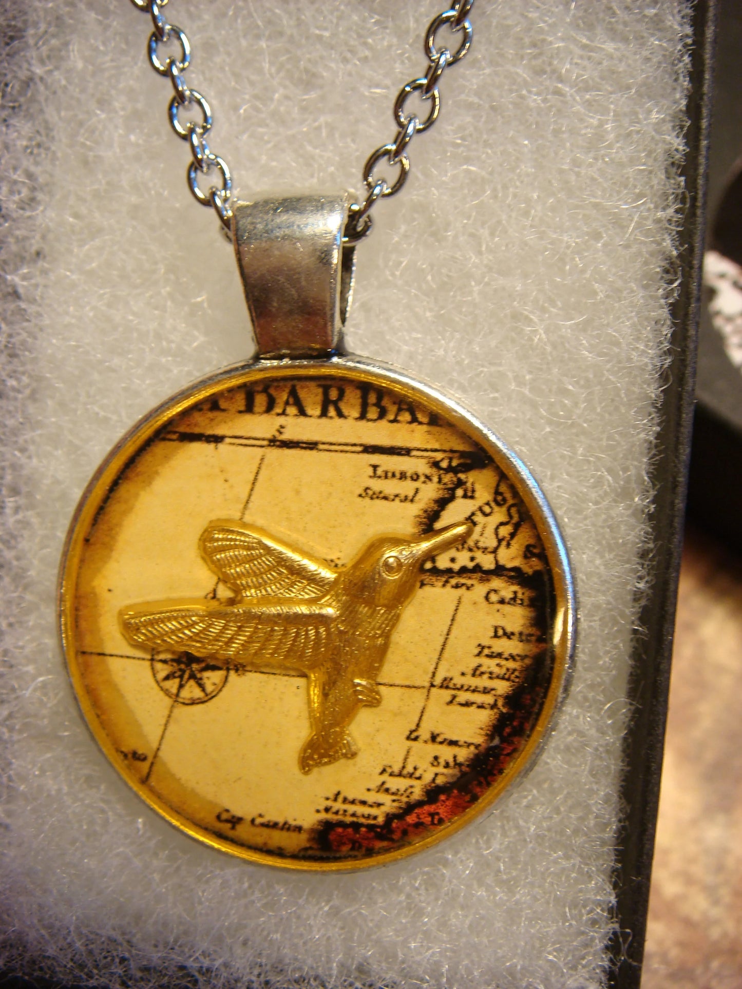 Hummingbird over Map Pendant Necklace