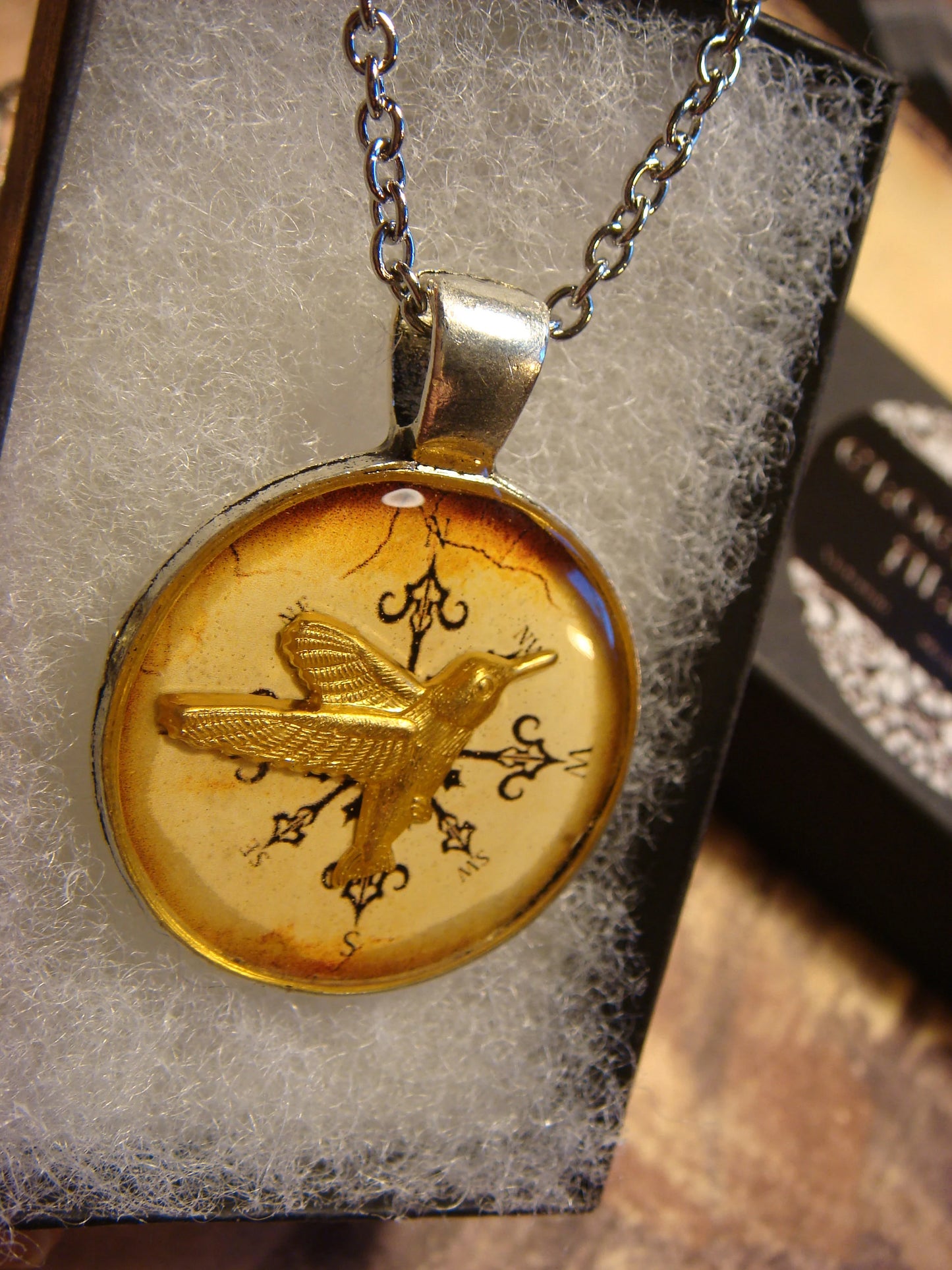 Hummingbird over Compass Pendant Necklace
