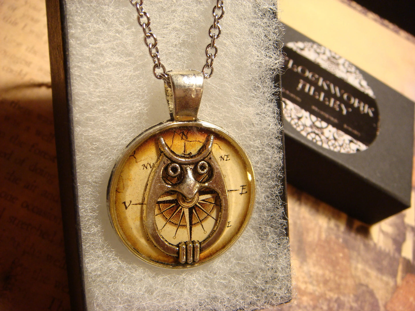 Owl over Compass Pendant Necklace