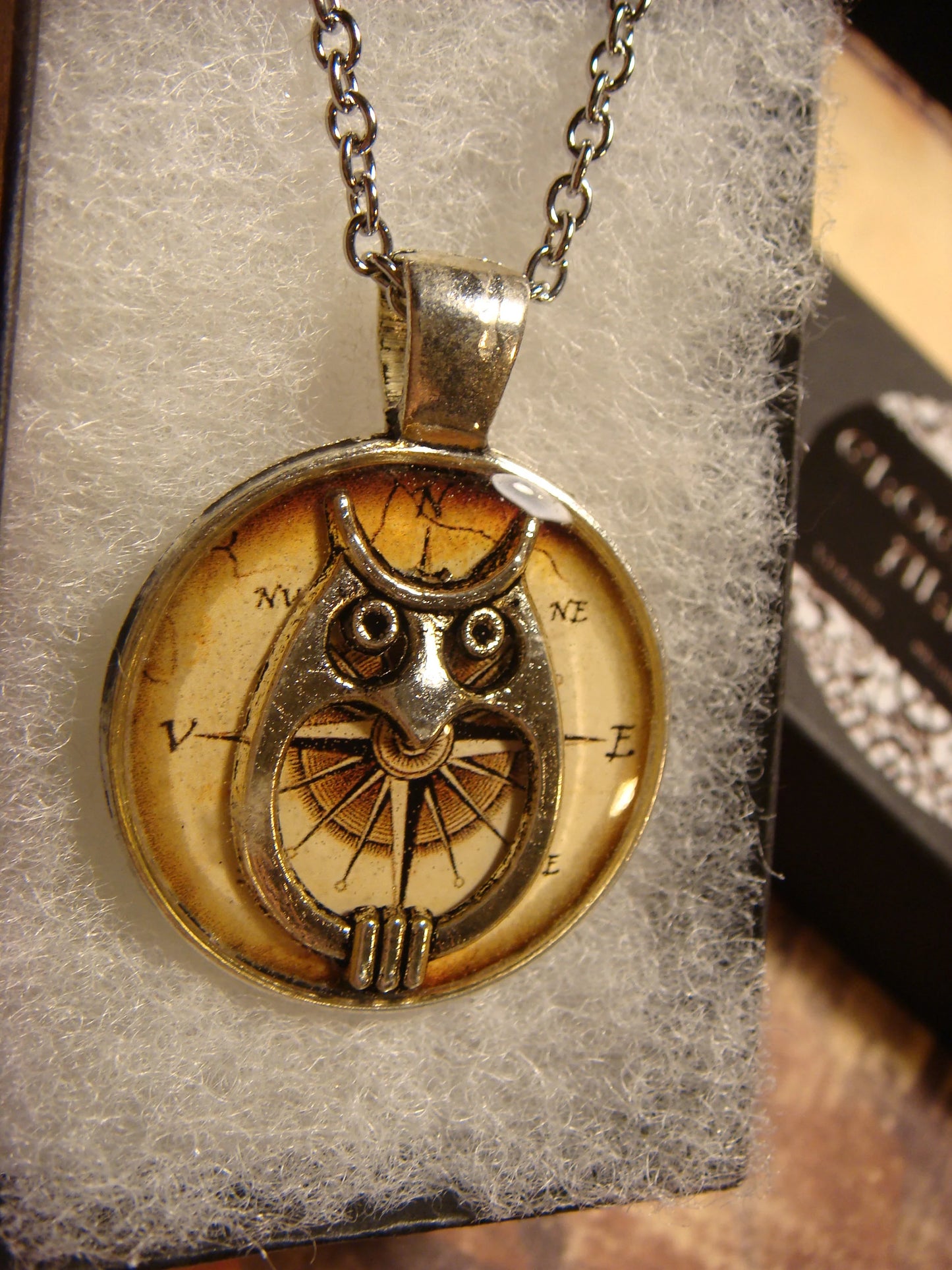 Owl over Compass Pendant Necklace