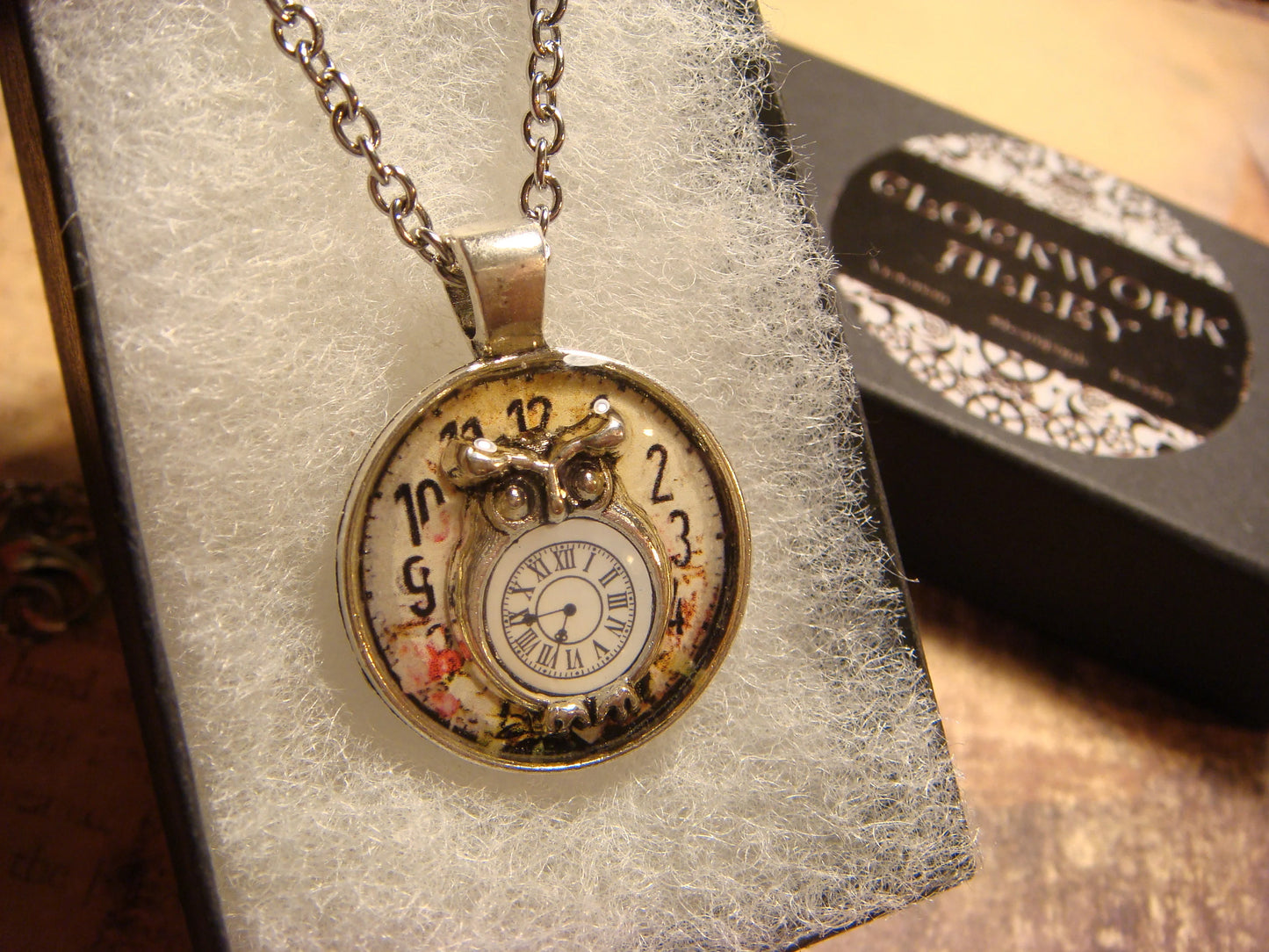 Owl with Clock over Floral Clock Small Pendant Necklace