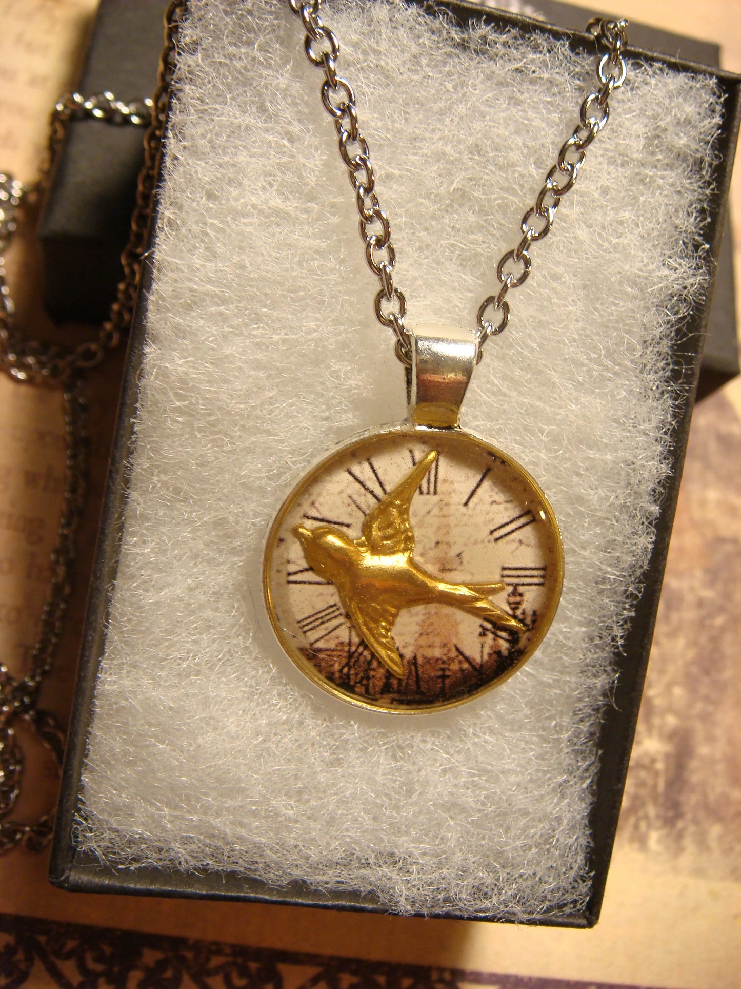 Sparrow over Victorian Clock Small Pendant Necklace
