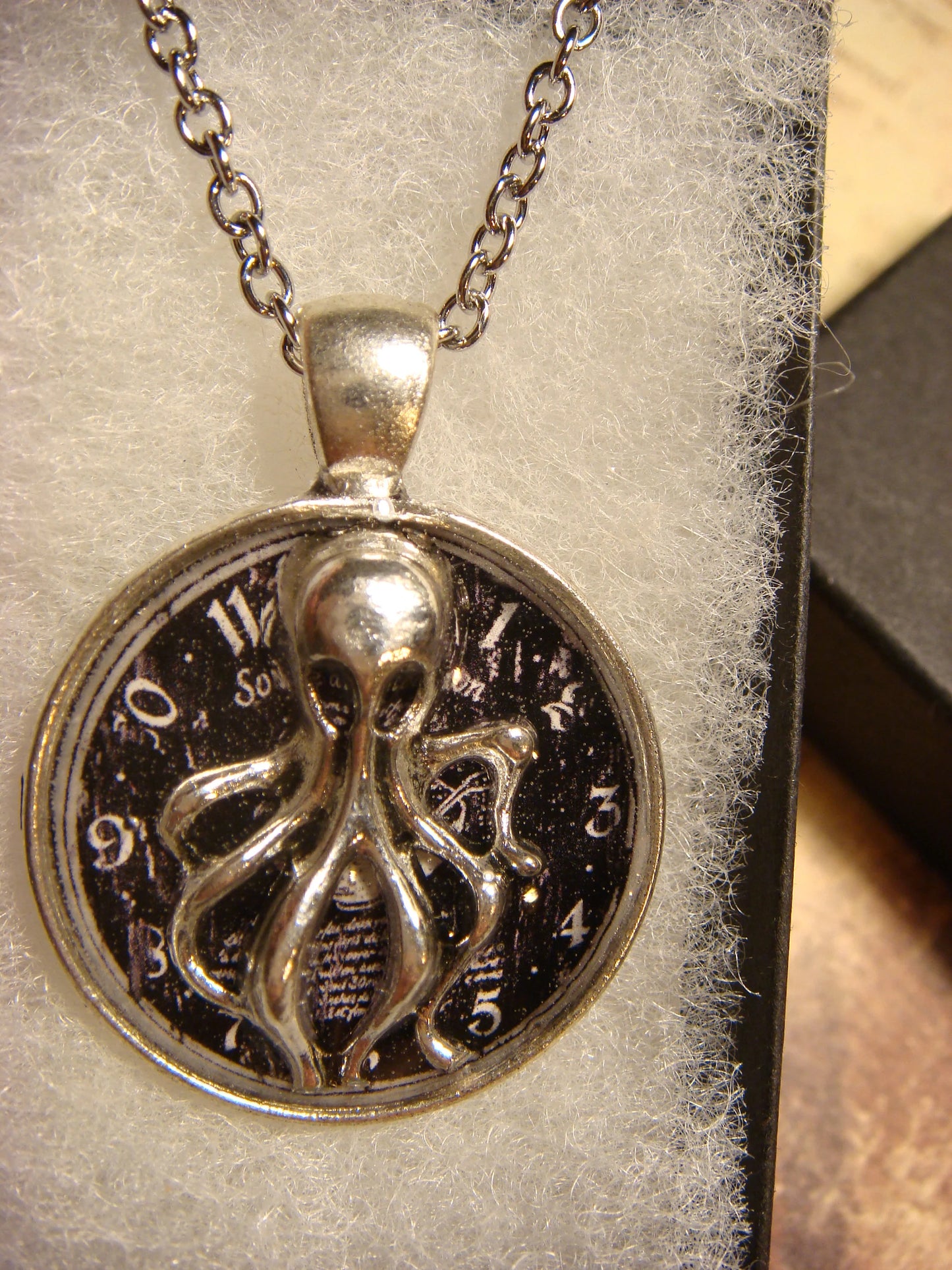 Octopus Kraken over Clock Pendant Necklace