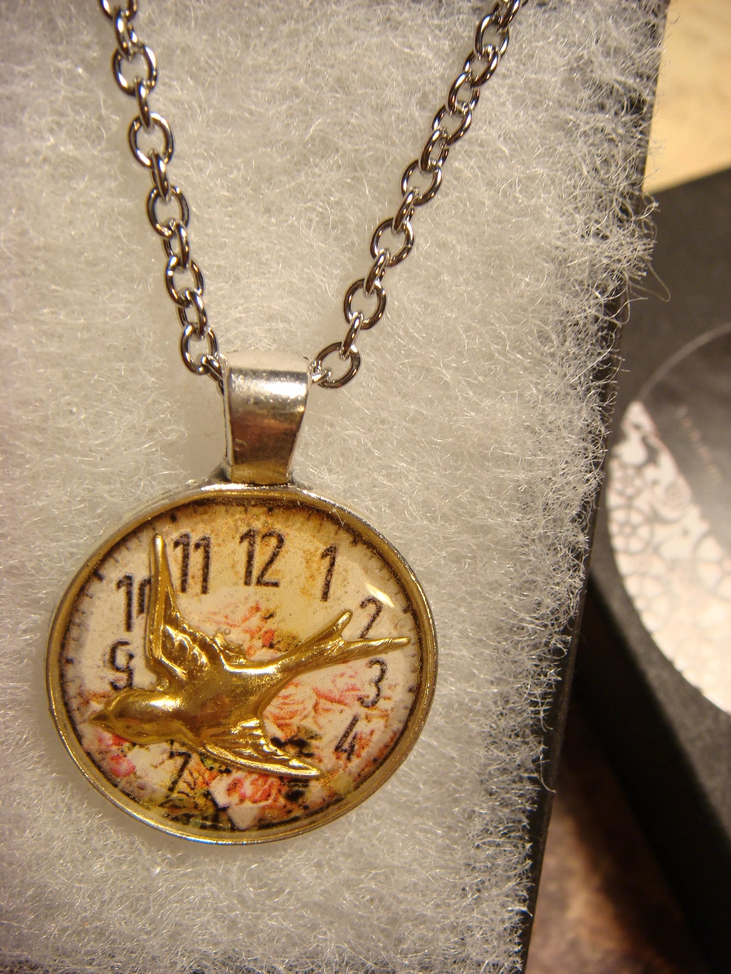Sparrow over Floral Clock Small Pendant Necklace