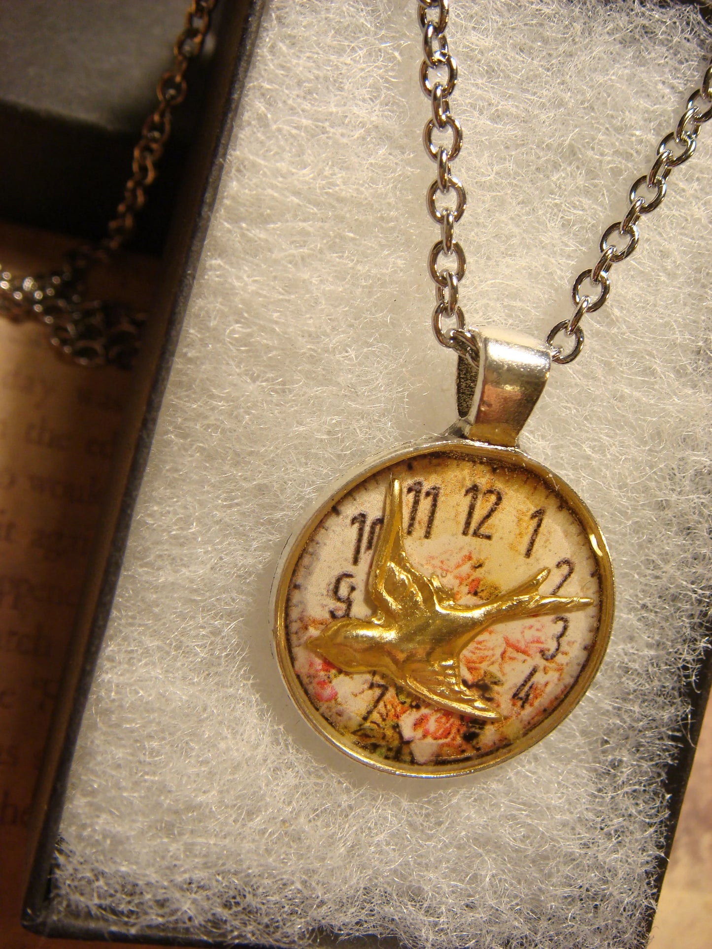 Sparrow over Floral Clock Small Pendant Necklace