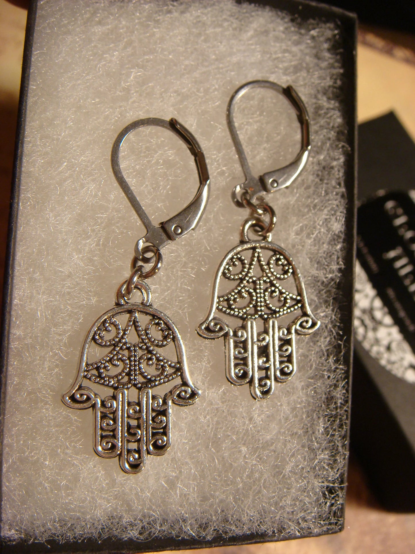 Hamsa Dangle Earrings in Antique Silver