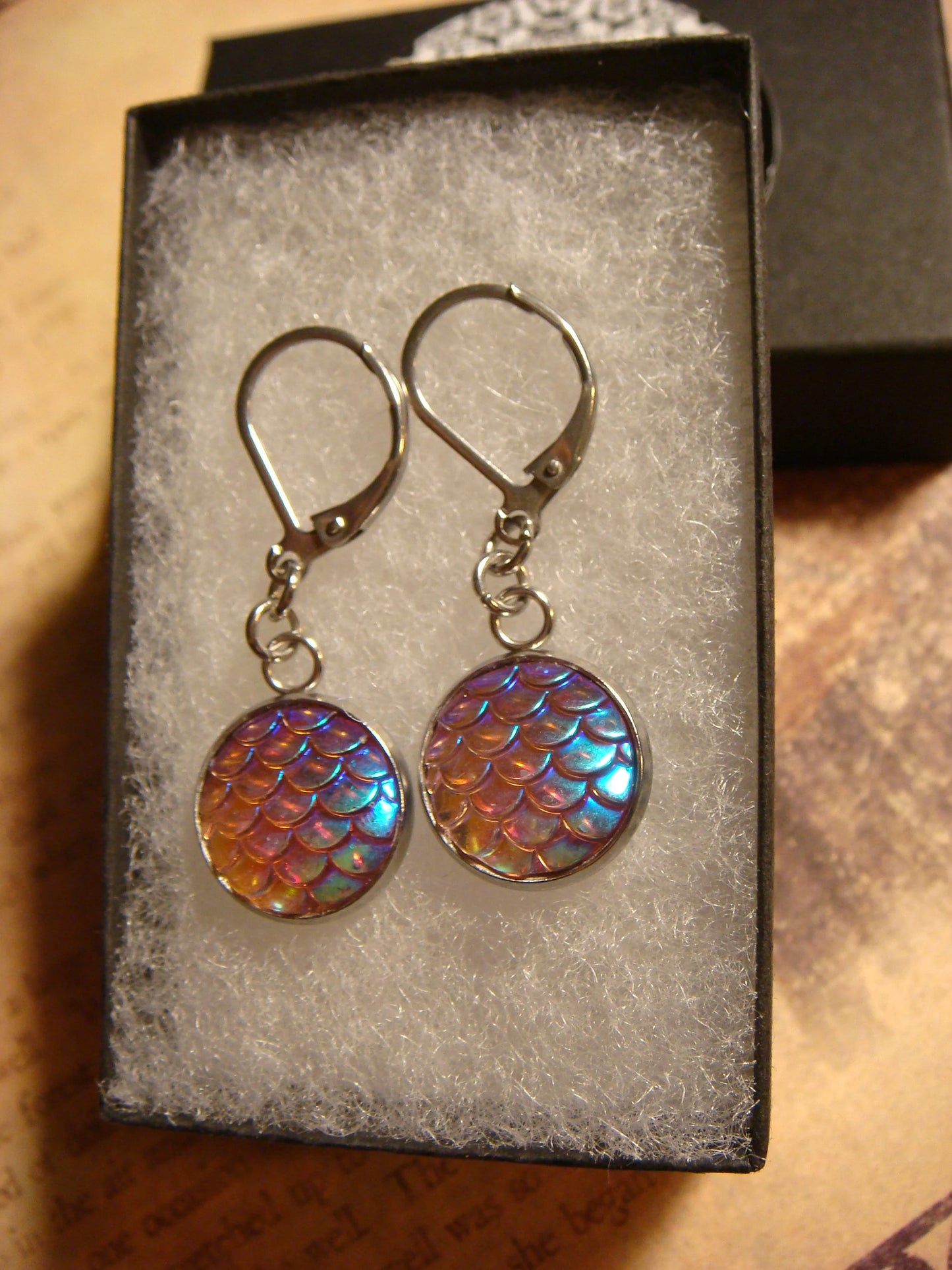 Iridescent Pink Scales Stainless Steel Dangle Earrings