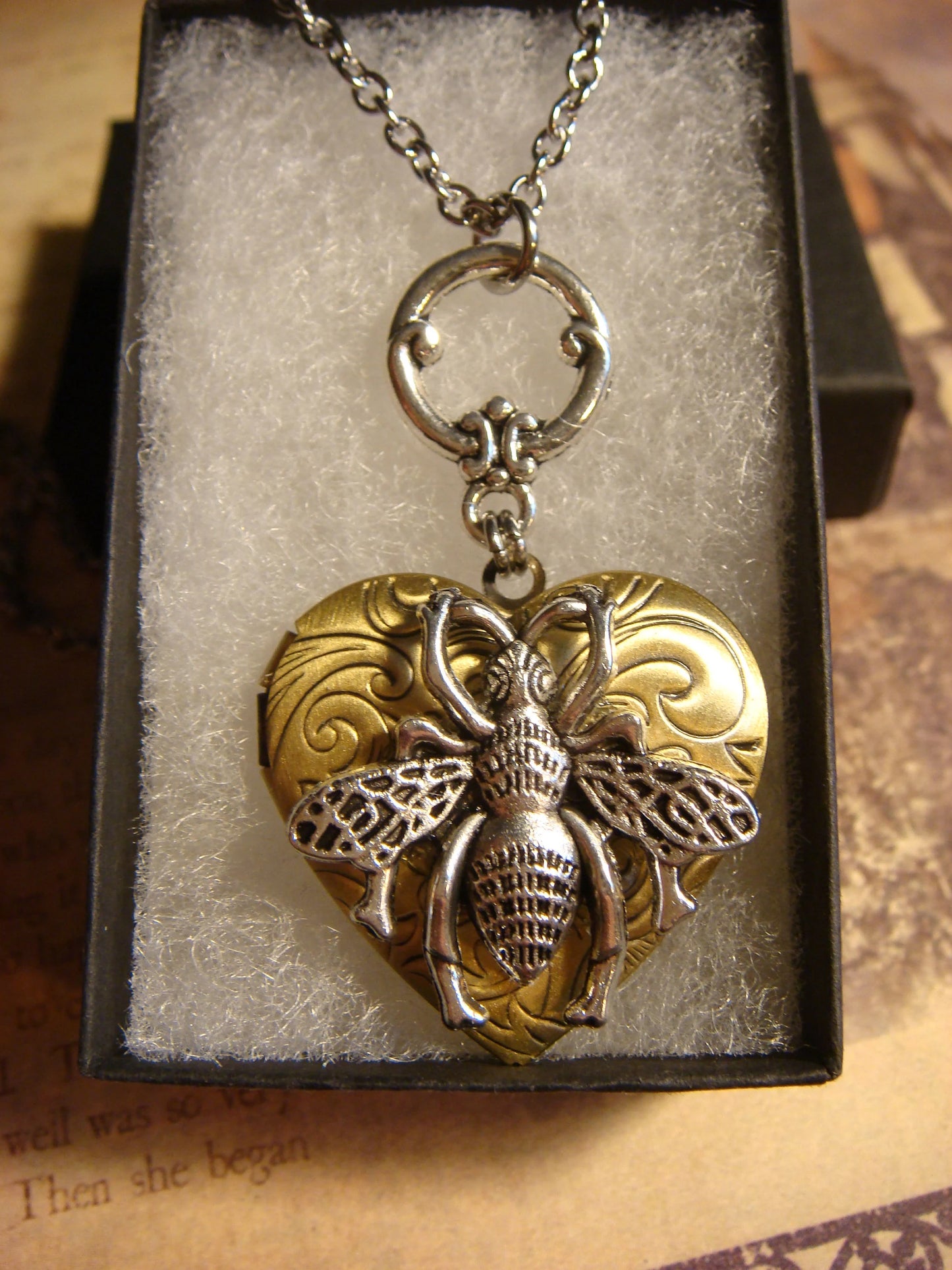Bee Heart Locket Necklace in Antique Silver and Bronze
