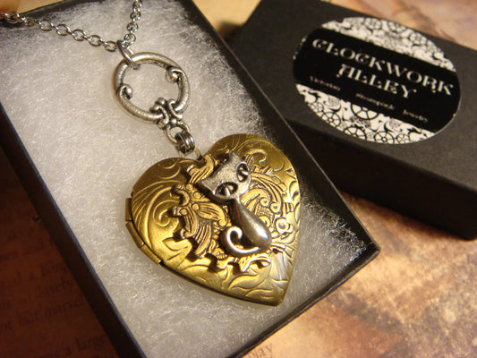 Cat Heart Locket Necklace in Antique Silver and Bronze