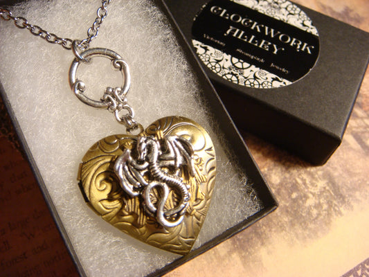 Dragon Heart Locket Necklace in Antique Silver and Bronze