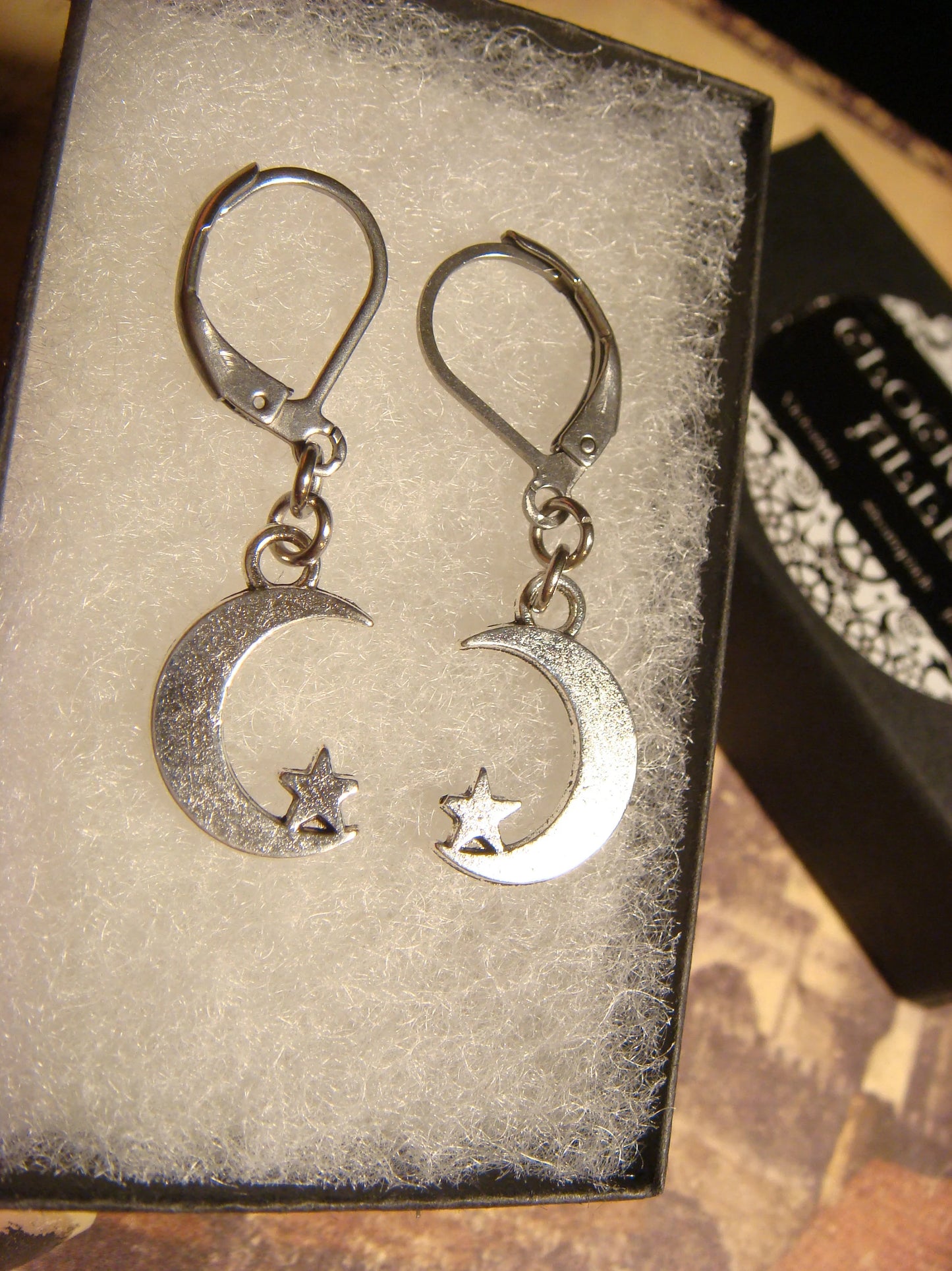 Moon and Star Dangle Earrings in Antique Silver
