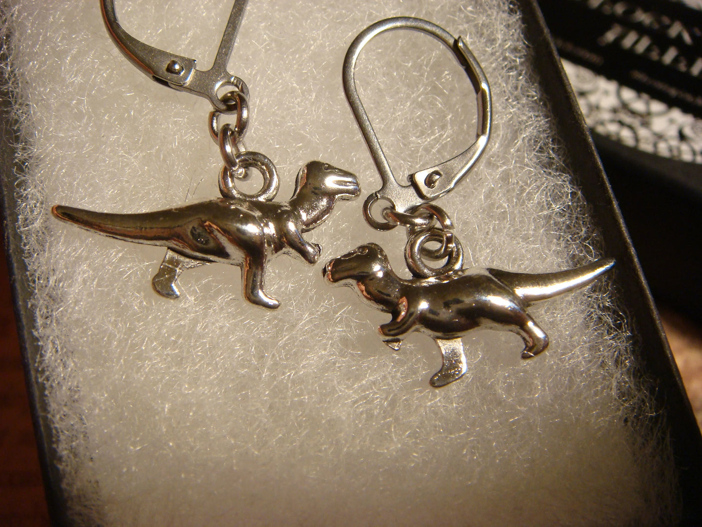 Dinosaur T-Rex Dangle Earrings in Antique Silver