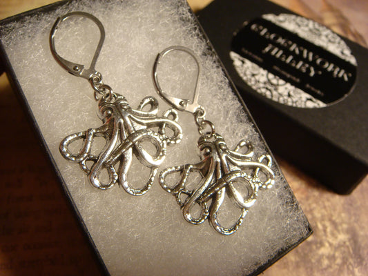 Octopus Earrings in Antique Silver