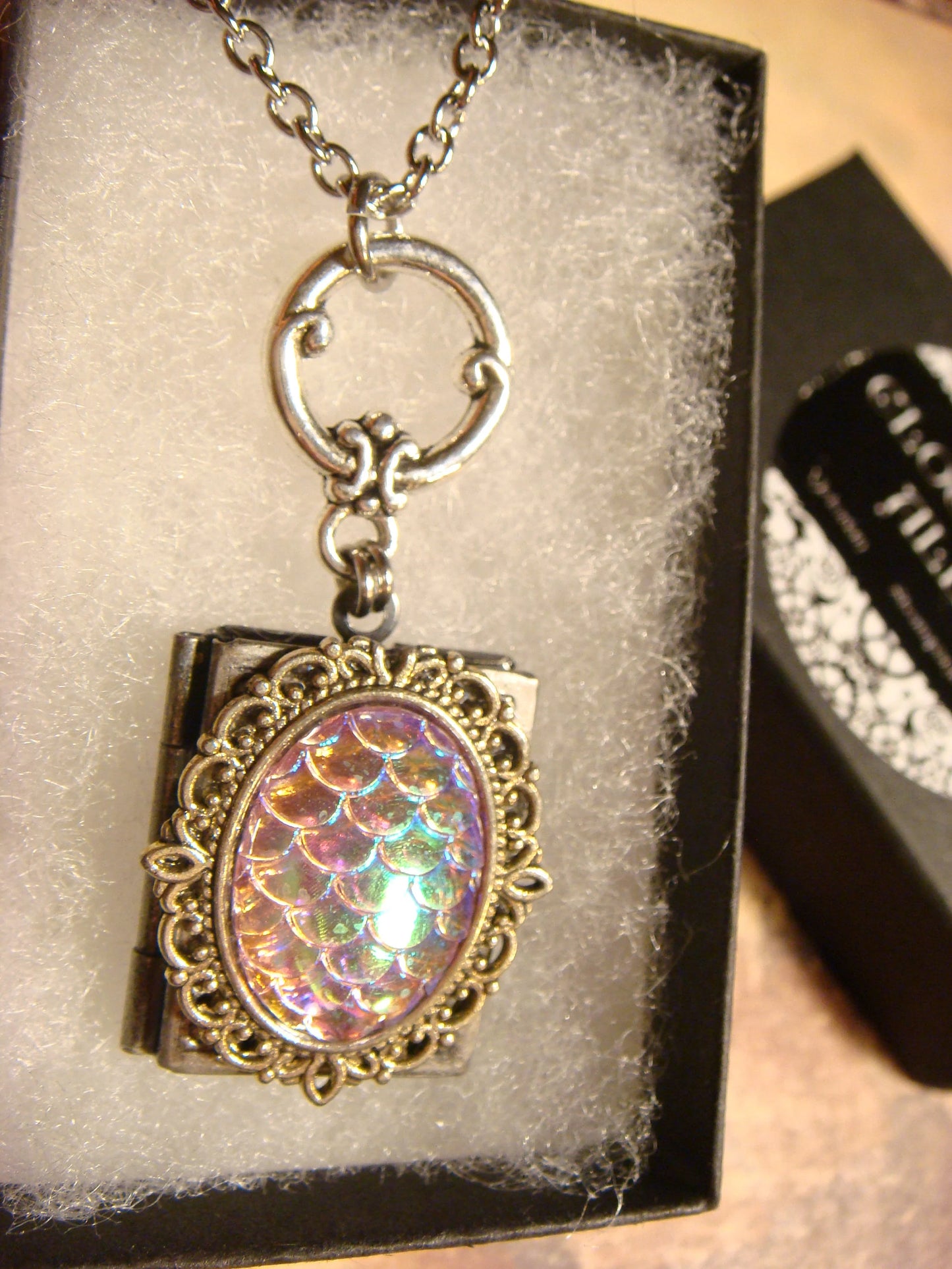 Iridescent Pink Scales Ornate Book Locket Necklace