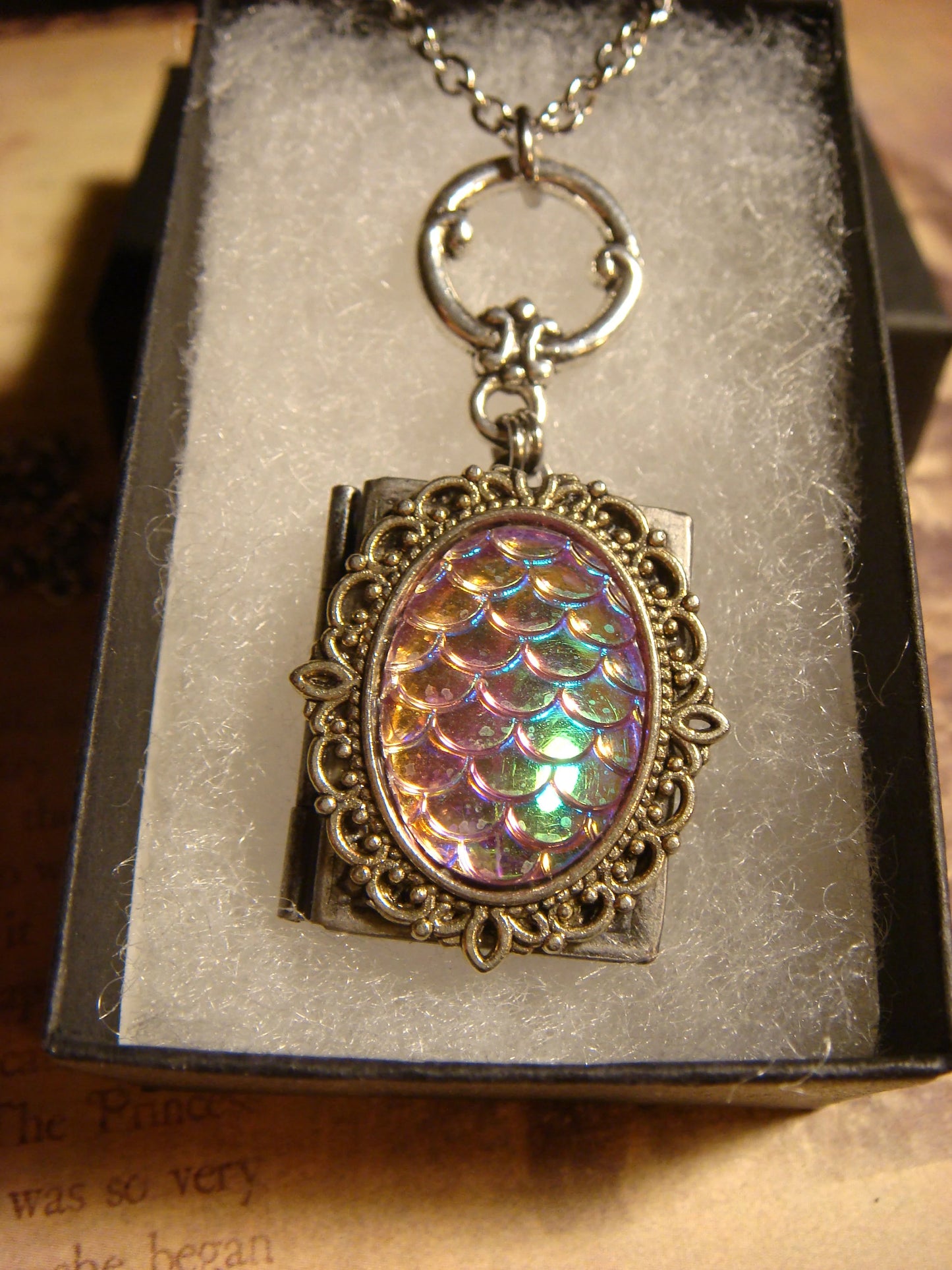 Iridescent Pink Scales Ornate Book Locket Necklace