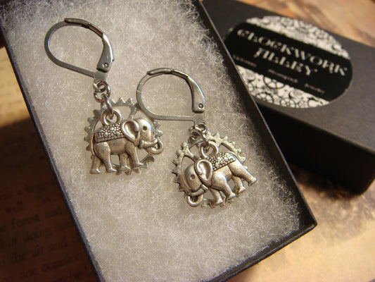 Elephant and Gear Dangle Earrings in Antique Silver