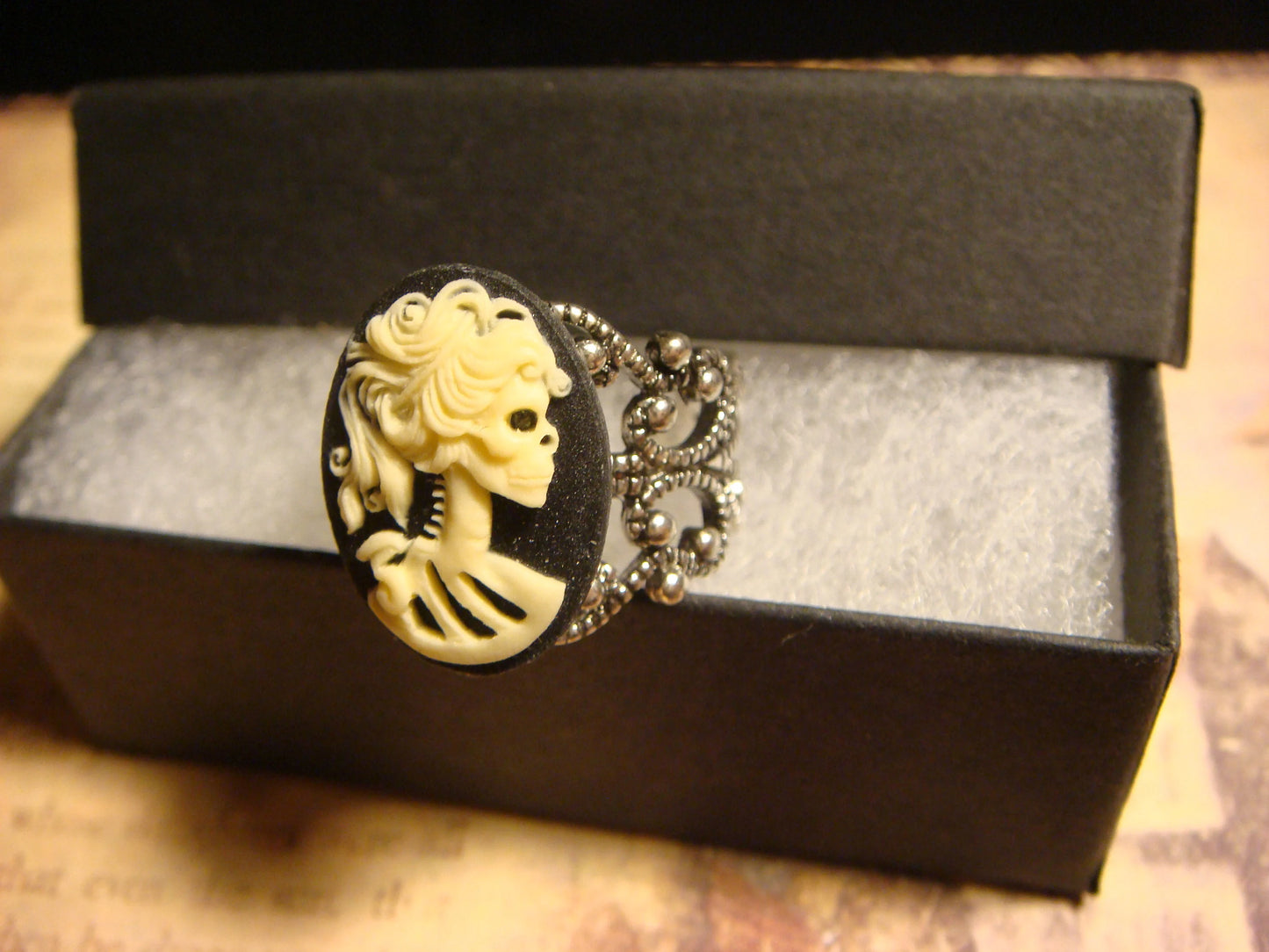 Cameo Skeleton Filigree Ring in Antique Silver - Adjustable
