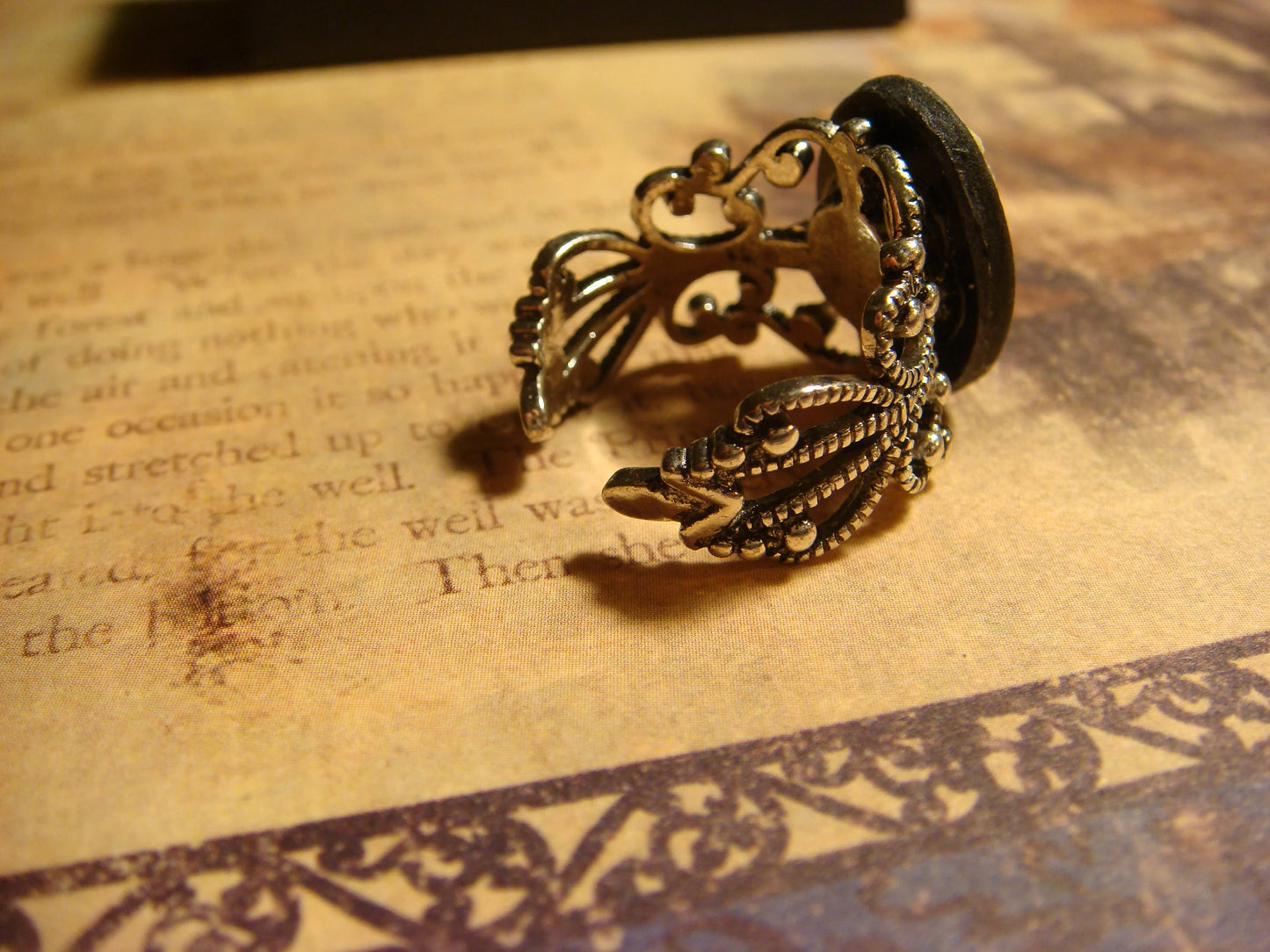 Cameo Skeleton Filigree Ring in Antique Silver - Adjustable