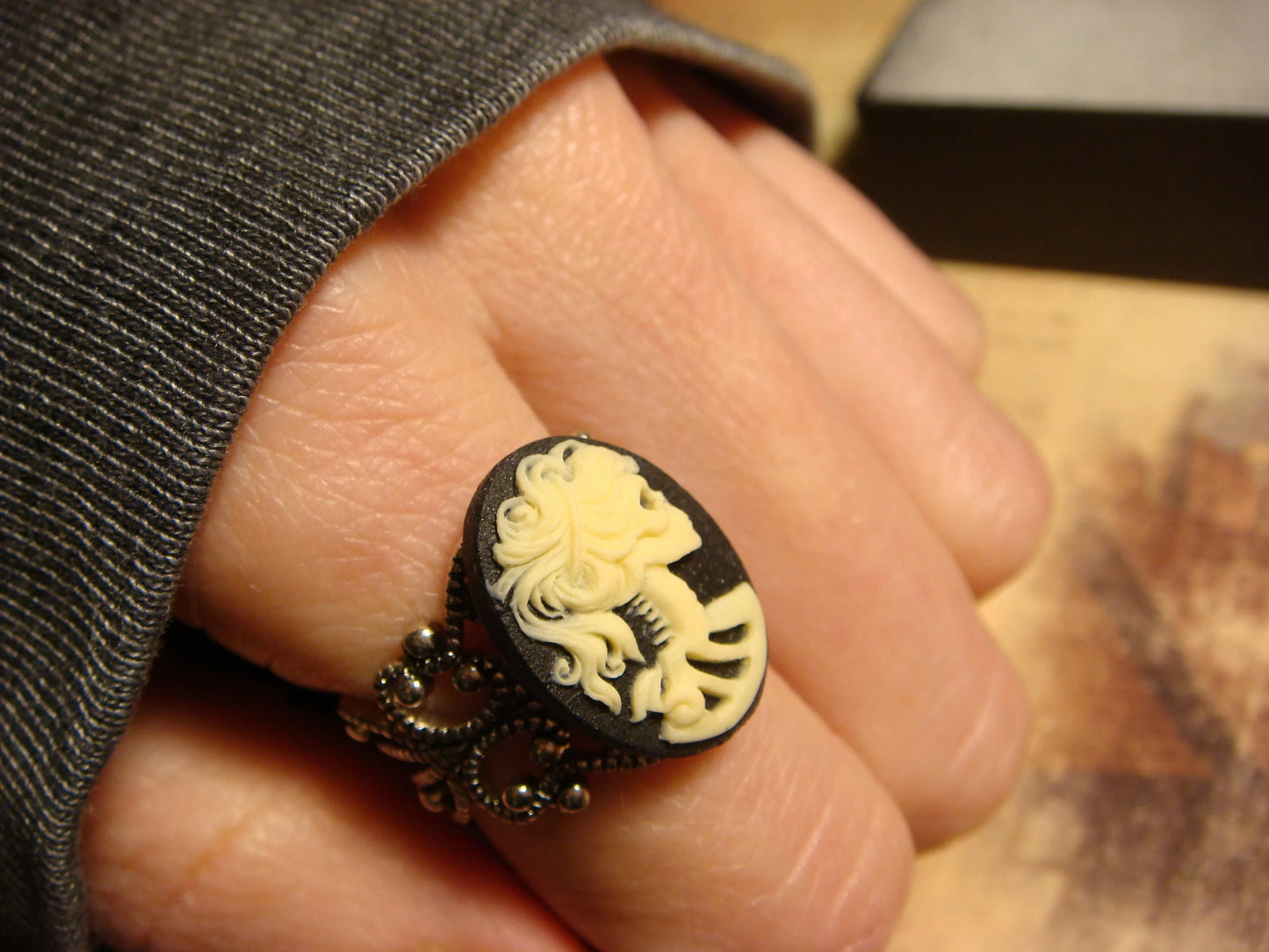 Cameo Skeleton Filigree Ring in Antique Silver - Adjustable