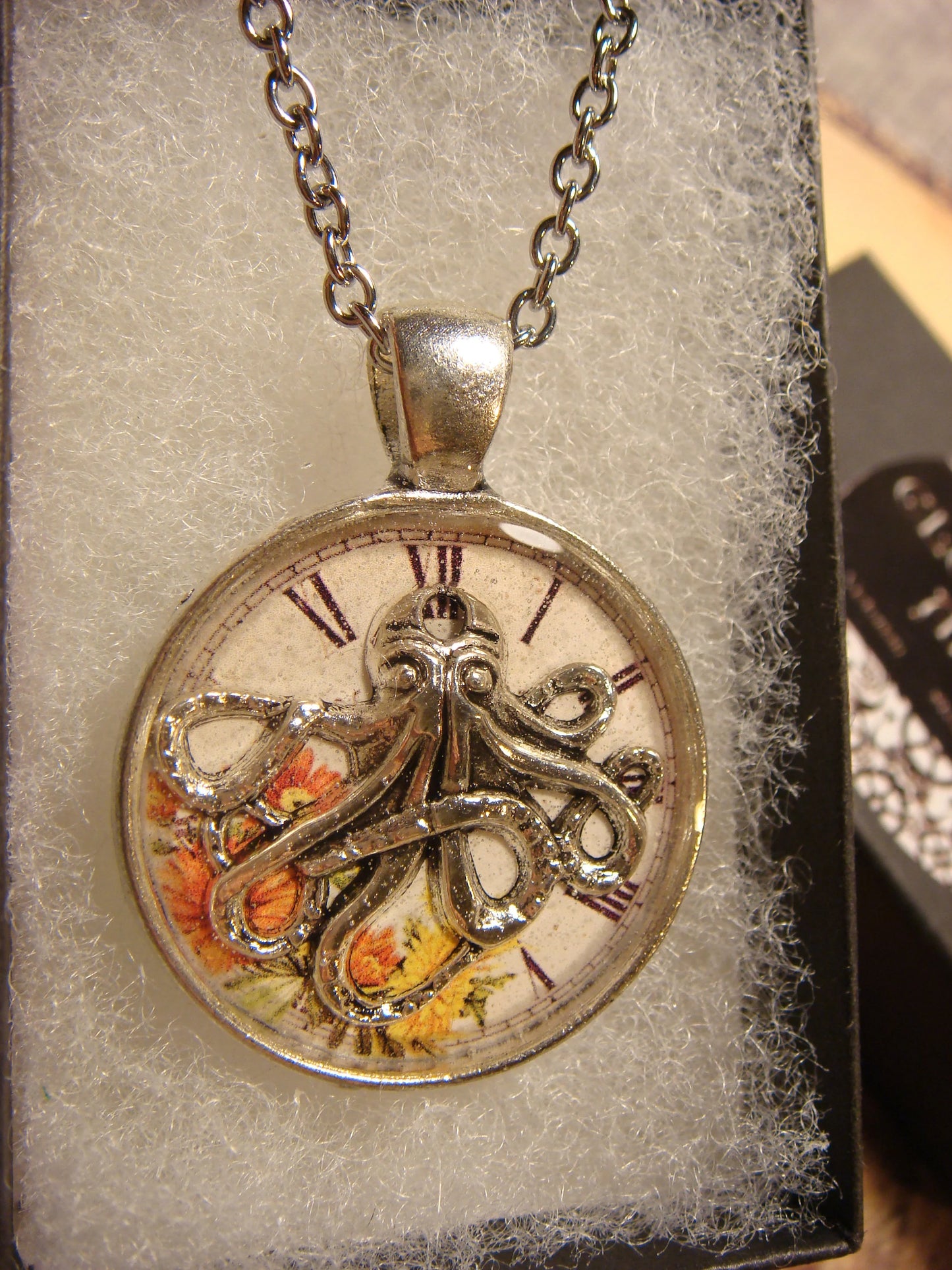 Octopus over Floral Clock over Map Pendant Necklace