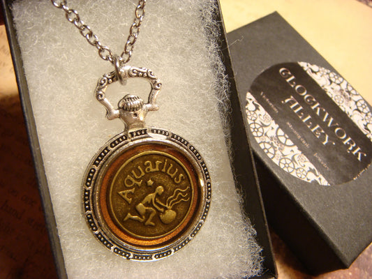 Zodiac Aquarius Pocket Watch Pendant Necklace
