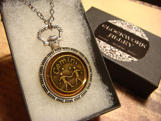 Zodiac Gemini Pocket Watch Pendant Necklace