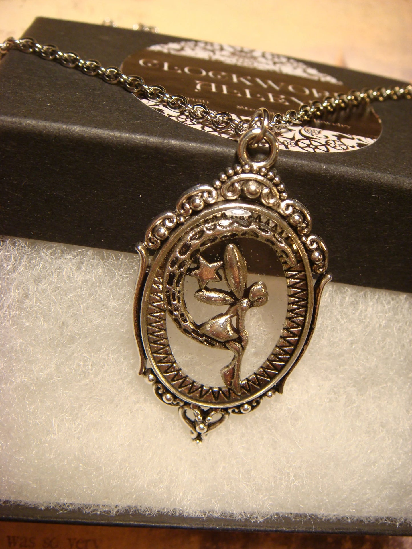 Fairy on Moon in See-thru Ornate Necklace